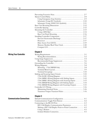 Publication 1764-UM001C-EN-P - June 2015
Table of Contents 6
Preventing Excessive Heat. . . . . . . . . . . . . . . . . . . . . . . . . . . . . . . . . . 2-7
Master Control Relay . . . . . . . . . . . . . . . . . . . . . . . . . . . . . . . . . . . . . . 2-8
Using Emergency-Stop Switches . . . . . . . . . . . . . . . . . . . . . . . . . 2-9
Schematic (Using IEC Symbols) . . . . . . . . . . . . . . . . . . . . . . . . . 2-10
Schematic (Using ANSI/CSA Symbols). . . . . . . . . . . . . . . . . . . 2-11
Base Unit Mounting Dimensions . . . . . . . . . . . . . . . . . . . . . . . . . . . 2-12
Controller Spacing . . . . . . . . . . . . . . . . . . . . . . . . . . . . . . . . . . . . . . . 2-12
Mounting the Controller . . . . . . . . . . . . . . . . . . . . . . . . . . . . . . . . . . 2-13
Using a DIN Rail . . . . . . . . . . . . . . . . . . . . . . . . . . . . . . . . . . . . . 2-14
Base Unit Panel Mounting. . . . . . . . . . . . . . . . . . . . . . . . . . . . . . 2-16
Installing Controller Components. . . . . . . . . . . . . . . . . . . . . . . . . . . 2-17
Prevent Electrostatic Discharge . . . . . . . . . . . . . . . . . . . . . . . . . 2-17
Processor . . . . . . . . . . . . . . . . . . . . . . . . . . . . . . . . . . . . . . . . . . . 2-17
Data Access Tool (DAT). . . . . . . . . . . . . . . . . . . . . . . . . . . . . . . 2-19
Memory Module/Real-Time Clock. . . . . . . . . . . . . . . . . . . . . . . 2-20
Compact I/O. . . . . . . . . . . . . . . . . . . . . . . . . . . . . . . . . . . . . . . . 2-22
Chapter 3
Wiring Your Controller Wiring Requirements . . . . . . . . . . . . . . . . . . . . . . . . . . . . . . . . . . . . . . 3-1
Wiring Recommendation. . . . . . . . . . . . . . . . . . . . . . . . . . . . . . . . 3-2
Using Surge Suppressors . . . . . . . . . . . . . . . . . . . . . . . . . . . . . . . . . . . 3-4
Recommended Surge Suppressors . . . . . . . . . . . . . . . . . . . . . . . . 3-6
Grounding the Controller . . . . . . . . . . . . . . . . . . . . . . . . . . . . . . . . . . 3-6
Wiring Diagrams . . . . . . . . . . . . . . . . . . . . . . . . . . . . . . . . . . . . . . . . . 3-8
Miswiring - 1764-28BXB Only . . . . . . . . . . . . . . . . . . . . . . . . . . . 3-8
Terminal Block Layouts. . . . . . . . . . . . . . . . . . . . . . . . . . . . . . . . . 3-9
Terminal Groupings . . . . . . . . . . . . . . . . . . . . . . . . . . . . . . . . . . 3-10
Sinking and Sourcing Input Circuits . . . . . . . . . . . . . . . . . . . . . . . . . 3-10
1764-24AWA Wiring Diagram . . . . . . . . . . . . . . . . . . . . . . . . . . 3-11
1764-24BWA Wiring Diagram with Sinking Inputs. . . . . . . . . . 3-12
1764-24BWA Wiring Diagram with Sourcing Inputs . . . . . . . . 3-13
1764-28BXB Wiring Diagram with Sinking Inputs . . . . . . . . . . 3-14
1764-28BXB Wiring Diagram with Sourcing Outputs . . . . . . . 3-15
Controller I/O Wiring . . . . . . . . . . . . . . . . . . . . . . . . . . . . . . . . . . . . 3-16
Minimizing Electrical Noise . . . . . . . . . . . . . . . . . . . . . . . . . . . . 3-16
Transistor Output Transient Pulses . . . . . . . . . . . . . . . . . . . . . . 3-16
Chapter 4
Communication Connections Default Communication Configuration . . . . . . . . . . . . . . . . . . . . . . . 4-1
Communications Toggle Push Button . . . . . . . . . . . . . . . . . . . . . . . . 4-2
Connecting to the RS-232 Port . . . . . . . . . . . . . . . . . . . . . . . . . . . . . . 4-3
DF1 Full-Duplex Communication Parameters . . . . . . . . . . . . . . 4-3
Making a DF1 Full-Duplex Point-to-Point Connection . . . . . . . 4-3
Using a Modem . . . . . . . . . . . . . . . . . . . . . . . . . . . . . . . . . . . . . . . 4-5
Isolated Modem Connection. . . . . . . . . . . . . . . . . . . . . . . . . . . . . 4-5
 