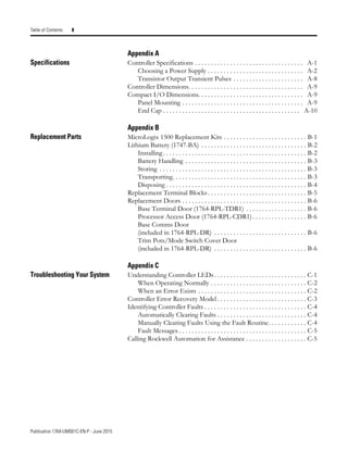 Publication 1764-UM001C-EN-P - June 2015
Table of Contents 8
Appendix A
Specifications Controller Specifications . . . . . . . . . . . . . . . . . . . . . . . . . . . . . . . . . . A-1
Choosing a Power Supply . . . . . . . . . . . . . . . . . . . . . . . . . . . . . . A-2
Transistor Output Transient Pulses . . . . . . . . . . . . . . . . . . . . . . A-8
Controller Dimensions. . . . . . . . . . . . . . . . . . . . . . . . . . . . . . . . . . . . A-9
Compact I/O Dimensions. . . . . . . . . . . . . . . . . . . . . . . . . . . . . . . . . A-9
Panel Mounting . . . . . . . . . . . . . . . . . . . . . . . . . . . . . . . . . . . . . . A-9
End Cap . . . . . . . . . . . . . . . . . . . . . . . . . . . . . . . . . . . . . . . . . . . A-10
Appendix B
Replacement Parts MicroLogix 1500 Replacement Kits . . . . . . . . . . . . . . . . . . . . . . . . . . B-1
Lithium Battery (1747-BA) . . . . . . . . . . . . . . . . . . . . . . . . . . . . . . . . . B-2
Installing. . . . . . . . . . . . . . . . . . . . . . . . . . . . . . . . . . . . . . . . . . . . . B-2
Battery Handling . . . . . . . . . . . . . . . . . . . . . . . . . . . . . . . . . . . . . . B-3
Storing . . . . . . . . . . . . . . . . . . . . . . . . . . . . . . . . . . . . . . . . . . . . . . B-3
Transporting. . . . . . . . . . . . . . . . . . . . . . . . . . . . . . . . . . . . . . . . . . B-3
Disposing . . . . . . . . . . . . . . . . . . . . . . . . . . . . . . . . . . . . . . . . . . . . B-4
Replacement Terminal Blocks. . . . . . . . . . . . . . . . . . . . . . . . . . . . . . . B-5
Replacement Doors . . . . . . . . . . . . . . . . . . . . . . . . . . . . . . . . . . . . . . . B-6
Base Terminal Door (1764-RPL-TDR1) . . . . . . . . . . . . . . . . . . . B-6
Processor Access Door (1764-RPL-CDR1). . . . . . . . . . . . . . . . . B-6
Base Comms Door
(included in 1764-RPL-DR) . . . . . . . . . . . . . . . . . . . . . . . . . . . . . B-6
Trim Pots/Mode Switch Cover Door
(included in 1764-RPL-DR) . . . . . . . . . . . . . . . . . . . . . . . . . . . . . B-6
Appendix C
Troubleshooting Your System Understanding Controller LEDs. . . . . . . . . . . . . . . . . . . . . . . . . . . . . C-1
When Operating Normally . . . . . . . . . . . . . . . . . . . . . . . . . . . . . . C-2
When an Error Exists . . . . . . . . . . . . . . . . . . . . . . . . . . . . . . . . . . C-2
Controller Error Recovery Model . . . . . . . . . . . . . . . . . . . . . . . . . . . . C-3
Identifying Controller Faults . . . . . . . . . . . . . . . . . . . . . . . . . . . . . . . . C-4
Automatically Clearing Faults . . . . . . . . . . . . . . . . . . . . . . . . . . . . C-4
Manually Clearing Faults Using the Fault Routine. . . . . . . . . . . . C-4
Fault Messages . . . . . . . . . . . . . . . . . . . . . . . . . . . . . . . . . . . . . . . . C-5
Calling Rockwell Automation for Assistance . . . . . . . . . . . . . . . . . . . C-5
 