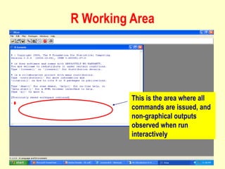 R Working Area
This is the area where all
commands are issued, and
non-graphical outputs
observed when run
interactively
 
