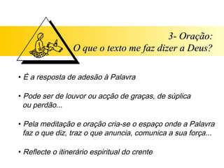 3- Oração:
                 O que o texto me faz dizer a Deus?

• É a resposta de adesão à Palavra

• Pode ser de louvor ou acção de graças, de súplica
  ou perdão...

• Pela meditação e oração cria-se o espaço onde a Palavra
  faz o que diz, traz o que anuncia, comunica a sua força...

• Reflecte o itinerário espiritual do crente
 