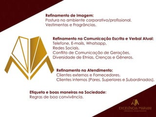 Refinamento de Imagem:
Postura no ambiente corporativo/profissional.
Vestimentas e Fragrâncias.
Refinamento na Comunicação Escrita e Verbal Atual:
Telefone, E-mails, Whatsapp,
Redes Sociais,
Conflito de Comunicação de Gerações,
Diversidade de Etnias, Crenças e Gêneros.
Refinamento no Atendimento:
Clientes externos e Fornecedores.
Clientes internos (Pares, Superiores e Subordinados).
Etiqueta e boas maneiras na Sociedade:
Regras de boa convivência.
 