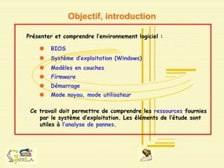 Objectif, introduction
Présenter et comprendre l’environnement logiciel :
BIOS
Système d’exploitation (Windows)
Modèles en couches
Firmware
Démarrage
Mode noyau, mode utilisateur
Ce travail doit permettre de comprendre les ressources fournies
par le système d’exploitation. Les éléments de l’étude sont
utiles à l’analyse de pannes.
 