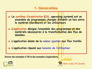 1- Généralités
Donner des exemples d’ OS et des exemples d’applications.
Le système d’exploitation (OS, operating system) est un
ensemble de programmes chargés d’établir un lien entre
le matériel (hardware) et les utilisateurs
L’application désigne l’ensemble des programmes et des
matériels nécessaires à la transformation des flux de
données.
L’application donne de la valeur ajoutée aux flux traités
L’application répond aux besoins de l’utilisateur
Maint. & dép. PC (Dunod)
 