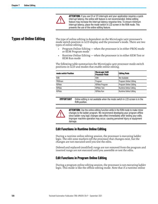130 Rockwell Automation Publication 1766-UM001O-EN-P - September 2021
Chapter 7 Online Editing
Types of Online Editing The type of online editing is dependent on the MicroLogix 1400 processor’s
mode switch position in LCD display and the processor’s mode. There are two
types of online editing:
• Program Online Editing — when the processor is in either PROG mode
or REM Program mode
• Runtime Online Editing — when the processor is in either REM Test or
REM Run mode
The following table summarizes the MicroLogix 1400 processor mode switch
positions in LCD and modes that enable online editing.
Edit Functions in Runtime Online Editing
During a runtime online editing session, the processor is executing ladder
logic. The edit zone markers tell the processor that changes exist, but the
changes are not executed until you test the edits.
Deleted and replaced (modified) rungs are not removed from the program and
inserted rungs are not executed until you assemble or test the edits.
Edit Functions in Program Online Editing
During a program online editing session, the processor is not executing ladder
logic. This mode is like the offline editing mode. Note that if a runtime online
ATTENTION: If you use EII or STI interrupts and your application requires a quick
interrupt latency, the online edit feature is not recommended. Online editing
feature may increase the interrupt latency response time. To ensure minimum
interrupt latency, place the mode switch in LCD screen in the RUN mode. This
prevents the use of the online editing feature.
mode switch Position
MicroLogix 1400
Processor Mode
Editing Mode
RUN RUN Not Available
PROGram Program Program Online Editing
REMote REMote Program Program Online Editing
REMote REMote Test Runtime Online Editing
REMote REMote Run Runtime Online Editing
IMPORTANT Online editing is not available when the mode switch in LCD screen is in the
RUN position.
ATTENTION: Use the online editing function while in the RUN mode to make minor
changes to the ladder program. We recommend developing your program offline
since ladder rung logic changes take effect immediately after testing your edits.
Improper machine operation may occur, causing personnel injury or equipment
damage.
 