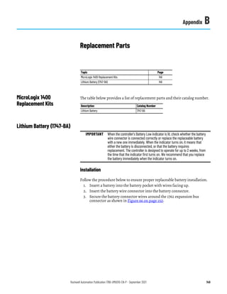 Rockwell Automation Publication 1766-UM001O-EN-P - September 2021 149
Appendix B
Replacement Parts
MicroLogix 1400
Replacement Kits
The table below provides a list of replacement parts and their catalog number.
Lithium Battery (1747-BA)
Installation
Follow the procedure below to ensure proper replaceable battery installation.
1. Insert a battery into the battery pocket with wires facing up.
2. Insert the battery wire connector into the battery connector.
3. Secure the battery connector wires around the 1762 expansion bus
connector as shown in Figure 66 on page 150.
Topic Page
MicroLogix 1400 Replacement Kits 149
Lithium Battery (1747-BA) 149
Description Catalog Number
Lithium Battery 1747-BA
IMPORTANT When the controller’s Battery Low indicator is lit, check whether the battery
wire connector is connected correctly or replace the replaceable battery
with a new one immediately. When the indicator turns on, it means that
either the battery is disconnected, or that the battery requires
replacement. The controller is designed to operate for up to 2 weeks, from
the time that the indicator first turns on. We recommend that you replace
the battery immediately when the indicator turns on.
 