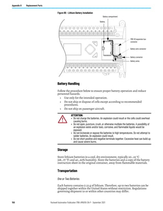 150 Rockwell Automation Publication 1766-UM001O-EN-P - September 2021
Appendix B Replacement Parts
Figure 66 - Lithium Battery Installation
Battery Handling
Follow the procedure below to ensure proper battery operation and reduce
personnel hazards.
• Use only for the intended operation.
• Do not ship or dispose of cells except according to recommended
procedures.
• Do not ship on passenger aircraft.
Storage
Store lithium batteries in a cool, dry environment, typically 20…25 °C
(68…77 °F) and 40…60% humidity. Store the batteries and a copy of the battery
instruction sheet in the original container, away from flammable materials.
Transportation
One or Two Batteries
Each battery contains 0.23 g of lithium. Therefore, up to two batteries can be
shipped together within the United States without restriction. Regulations
governing shipment to or within other countries may differ.
ATTENTION:
• Do not charge the batteries. An explosion could result or the cells could overheat
causing burns.
• Do not open, puncture, crush, or otherwise mutilate the batteries. A possibility of
an explosion exists and/or toxic, corrosive, and flammable liquids would be
exposed.
• Do not incinerate or expose the batteries to high temperatures. Do not attempt to
solder batteries. An explosion could result.
• Do not short positive and negative terminals together. Excessive heat can build up
and cause severe burns.
1762 I/O expansion bus
connector
Battery wires
Battery compartment
Battery wire connector
Battery connector
Battery
 