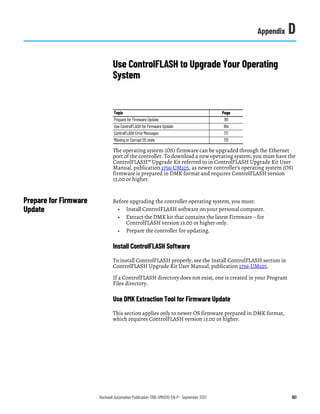Rockwell Automation Publication 1766-UM001O-EN-P - September 2021 161
Appendix D
Use ControlFLASH to Upgrade Your Operating
System
The operating system (OS) firmware can be upgraded through the Ethernet
port of the controller. To download a new operating system, you must have the
ControlFLASH™ Upgrade Kit referred to in ControlFLASH Upgrade Kit User
Manual, publication 1756-UM105, as newer controller’s operating system (OS)
firmware is prepared in DMK format and requires ControlFLASH version
13.00 or higher.
Prepare for Firmware
Update
Before upgrading the controller operating system, you must:
• Install ControlFLASH software on your personal computer.
• Extract the DMK kit that contains the latest Firmware – for
ControlFLASH version 13.00 or higher only.
• Prepare the controller for updating.
Install ControlFLASH Software
To install ControlFLASH properly, see the Install ControlFLASH section in
ControlFLASH Upgrade Kit User Manual, publication 1756-UM105.
If a ControlFLASH directory does not exist, one is created in your Program
Files directory.
Use DMK Extraction Tool for Firmware Update
This section applies only to newer OS firmware prepared in DMK format,
which requires ControlFLASH version 13.00 or higher.
Topic Page
Prepare for Firmware Update 161
Use ControlFLASH for Firmware Update 164
ControlFLASH Error Messages 171
Missing or Corrupt OS state 172
 