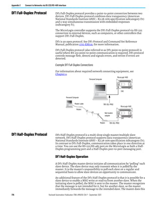176 Rockwell Automation Publication 1766-UM001O-EN-P - September 2021
Appendix E Connect to Networks via RS-232/RS-485 Interface
DF1 Full-Duplex Protocol DF1 Full-Duplex protocol provides a point-to-point connection between two
devices. DF1 Full-Duplex protocol combines data transparency (American
National Standards Institute ANSI – X3.28-1976 specification subcategory D1)
and 2-way simultaneous transmission with embedded responses
(subcategory F1).
The MicroLogix controller supports the DF1 Full-Duplex protocol via RS-232
connection to external devices, such as computers, or other controllers that
support DF1 Full-Duplex.
DF1 is an open protocol. See DF1 Protocol and Command Set Reference
Manual, publication 1770-RM516, for more information.
DF1 Full-Duplex protocol (also referred to as DF1 point-to-point protocol) is
useful where RS-232 point-to-point communication is required. DF1 protocol
controls message flow, detects and signals errors, and retries if errors are
detected.
Example DF1 Full-Duplex Connections
For information about required network connecting equipment, see
Chapter 4.
DF1 Half-Duplex Protocol DF1 Half-Duplex protocol is a multi-drop single master/multiple slave
network. DF1 Half-Duplex protocol supports data transparency (American
National Standards Institute ANSI – X3.28-1976 specification subcategory D1).
In contrast to DF1 Full-Duplex, communication takes place in one direction at
a time. You can use the RS-232/RS-485 port on the MicroLogix as both a Half-
Duplex programming port and a Half-Duplex peer-to-peer messaging port.
DF1 Half-Duplex Operation
A DF1 Half-Duplex master device initiates all communication by “polling” each
slave device. The slave device may only transmit when it is polled by the
master. It is the master’s responsibility to poll each slave on a regular and
sequential basis to allow slave devices an opportunity to communicate.
An additional feature of the DF1 Half-Duplex protocol is that it is possible for a
slave device to enable a MSG write or read to/from another slave. When the
initiating slave is polled, the MSG is sent to the master. The master recognizes
that the message is not intended for it, but for another slave, so the master
immediately forwards the message to the intended slave. The master does this
Personal Computer
CH0
MicroLogix 1400
MicroLogix 1400
1761-CBL-PM02
Personal Computer
Modem cable
Modem
Modem 1761-CBL-PM02
Null modem
adapter
CH0
 