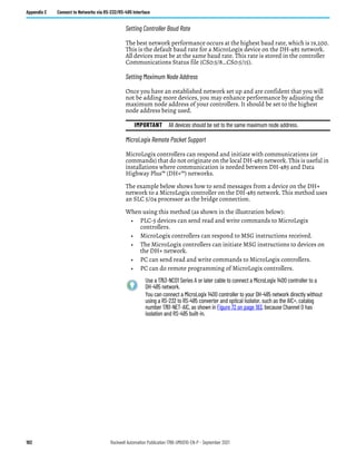 182 Rockwell Automation Publication 1766-UM001O-EN-P - September 2021
Appendix E Connect to Networks via RS-232/RS-485 Interface
Setting Controller Baud Rate
The best network performance occurs at the highest baud rate, which is 19,200.
This is the default baud rate for a MicroLogix device on the DH-485 network.
All devices must be at the same baud rate. This rate is stored in the controller
Communications Status file (CS0:5/8…CS0:5/15).
Setting Maximum Node Address
Once you have an established network set up and are confident that you will
not be adding more devices, you may enhance performance by adjusting the
maximum node address of your controllers. It should be set to the highest
node address being used.
MicroLogix Remote Packet Support
MicroLogix controllers can respond and initiate with communications (or
commands) that do not originate on the local DH-485 network. This is useful in
installations where communication is needed between DH-485 and Data
Highway Plus™ (DH+™) networks.
The example below shows how to send messages from a device on the DH+
network to a MicroLogix controller on the DH-485 network. This method uses
an SLC 5/04 processor as the bridge connection.
When using this method (as shown in the illustration below):
• PLC-5 devices can send read and write commands to MicroLogix
controllers.
• MicroLogix controllers can respond to MSG instructions received.
• The MicroLogix controllers can initiate MSG instructions to devices on
the DH+ network.
• PC can send read and write commands to MicroLogix controllers.
• PC can do remote programming of MicroLogix controllers.
IMPORTANT All devices should be set to the same maximum node address.
Use a 1763-NC01 Series A or later cable to connect a MicroLogix 1400 controller to a
DH-485 network.
You can connect a MicroLogix 1400 controller to your DH-485 network directly without
using a RS-232 to RS-485 converter and optical isolator, such as the AIC+, catalog
number 1761-NET-AIC, as shown in Figure 72 on page 183, because Channel 0 has
isolation and RS-485 built-in.
 