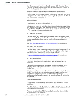202 Rockwell Automation Publication 1766-UM001O-EN-P - September 2021
Appendix F MicroLogix 1400 Distributed Network Protocol
Note that parameters Number of Class3 Events and Hold Time after Class3
Events (x1 s) are used together so that if either one of the criteria are met, an
Unsolicited Response is transmitted.
By default, the Hold time is re-triggered for each new event detected.
You can choose not to re-trigger the hold timer for each new event detected by
setting Status Bit S:36/12 to 1 before downloading to the controller. The default
state of this Status Bit S:36/12 is 0.
Select Timeout (x1 s)
The valid range is 1…65535. Default value is 10.
This parameter is used for controlling CROB (Control Relay Output Block) and
AOB (Analog Output Block). After receiving the request with the function code
FC_SELECT(3), DNP3 Master should send the request with the function code
FC_OPERATE(4) within this configured time.
DNP3 Object Data File Number
The DNP3 Object Data File Numbers define the mapping of the listed DNP3
objects to controller data table files. The number of elements defined for each
of those data table files also defines the number of corresponding DNP3
objects.
See DNP3 Objects and Controller Data Files on page 213 for more details.
DNP3 Object Config File Number
The DNP3 Object Config File Numbers define the mapping of the listed DNP3
object properties (class number, online/offline status, object quality flags,
deadbands, and/or thresholds) to controller data table files.
See DNP3 Objects and Controller Data Files on page 213 for more details.
DNP3 Secure Authentication
This section is applicable only to MicroLogix 1400 Series B and Series C
controllers.
The controller implements the DNP3 Secure Authentication based on the
DNP3 Specification, Supplement to Volume 2, Secure Authentication,
Version 2.00.
DNP3 Secure Authentication has been implemented in the DNP3 Application
Layer of the controller system. If you configure any parameters regarding
DNP3 Secure Authentication in the DNP3 Slave Application Layer
configuration, it affects all ports which are configured for DNP3 protocol in
the controller.
Enable Secure Authentication
This parameter is supported only in MicroLogix 1400 Series B and Series C
controllers.
The valid selections are Enabled (Checked) and Disabled (Unchecked). Default
value is Disabled (Unchecked).
When the selection is Disabled (Unchecked), the controller disables DNP3
Secure Authentication subsystem.
 