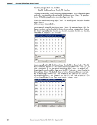 224 Rockwell Automation Publication 1766-UM001O-EN-P - September 2021
Appendix F MicroLogix 1400 Distributed Network Protocol
Related Configuration File Number:
• Double Bit Binary Input Config File Number
To generate a Double Bit Binary Input Object from the DNP3 Subsystem in the
controller, you should configure Double Bit Binary Input Object File Number
in the DNP3 Slave Application Layer Configuration file.
When the Double Bit Binary Input Object File is configured, the Index number
starts from 0.
2 bits are used for one Index.
As an example, a Double Bit Binary Input Object File is shown below. This file
has 10 elements and 80 Double Bit Binary Input points. Index 0 of the Double
Bit Binary Input Object is B20:0/0 and B20:0/1, Index 1 is B20:0/2 and B20:0/3,
and Index 79 is B20:9/14 and B20:9/15.
As an example, a Double Bit Binary Input Config File is shown below. This file
has 10 elements. B39:0/0 and B39:0/1 can be configured for Class Level 0, 1, 2, or
3 for DNP3 Index 0…7 of the Double Bit Binary Input Object File. B39:1/0 and
B39:1/1 can be configured for Class Level for DNP3 Index 8…15 of the Double-bit
Binary Input Object File. Default Class Level is 0. Any other bits are reserved.
So, in the example below, Class Level of Index 0…7 is 1(B39:0/0 and B39:0/1),
Class Level of Index 8…15 is 2(B39:1/0 and B39:1/1), Class Level of Index 16…23 is
3(B39:2/0 and B39:2/1), and Class Level of other Indexes are 0.
 