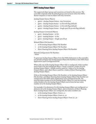 232 Rockwell Automation Publication 1766-UM001O-EN-P - September 2021
Appendix F MicroLogix 1400 Distributed Network Protocol
DNP3 Analog Output Object
The supported object group and variations are listed in this section. The
controller responds with the default group and variation when the DNP3
Master requests to read an object with Any variation.
Analog Output Status Objects:
• g40v0 – Analog Output Status – Any Variations
• g40v1 – Analog Output Status – 32-bit with flag (default)
• g40v2 – Analog Output Status – 16-bit with flag (default)
• g40v3 – Analog Output Status – Single-prec flt-pt with flag (default)
Analog Output Command Objects:
• g41v1 – Analog Output – 32-bit
• g41v2 – Analog Output – 16-bit
• g41v3 – Analog Output – Single-prec flt-pt
Related Object File Number:
• 16-bit Analog Output Object File Number
• 32-bit Analog Output Object File Number
• Short Floating Point Analog Output Object File Number
Related Configuration File Number:
– None
To generate Analog Output Object from the DNP3 Subsystem in the controller,
you should configure the Analog Output Object File Number in the DNP3 Slave
Application Layer Configuration file.
When only one of the Analog Output Object File is configured, Index number
starts from 0 for the configured object. 1 word is used for 1 Index of 16-bit
Analog Output Object, 1 double word is used for 1 Index of 32-bit Analog
Output Object, and 1 short float is used for 1 Index of Short Floating Point
Analog Output Object.
If the 16-bit Analog Output Object File Number, 32-bit Analog Output Object
File Number, and Short Floating Point Analog Output Object File Number are
configured in the DNP3 Slave Application Layer Configuration file, the
starting index number of 16-bit Analog Output Object is 0 and the starting
index number of 32-bit Analog Output Object starts from the last index
number of 16-bit Analog Output Object.
For example, if 10 elements of 16-bit Analog Output Object are configured, 10
elements of 32-bit Analog Output Object, and 10 elements of Short Floating
Point Analog Output Object are configured, the index numbers are:
• 16-bit Analog Output Object: From 0…9
• 32-bit Analog Output Object: From 10…19
• Short Floating Point Analog Output Object: From 20…29
 