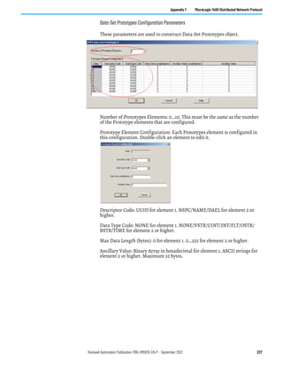 Rockwell Automation Publication 1766-UM001O-EN-P - September 2021 237
Appendix F MicroLogix 1400 Distributed Network Protocol
Data-Set Prototypes Configuration Parameters
These parameters are used to construct Data-Set Prototypes object.
Number of Prototypes Elements: 0…10. This must be the same as the number
of the Prototype elements that are configured.
Prototype Element Configuration: Each Prototypes element is configured in
this configuration. Double-click an element to edit it.
Descriptor Code: UUID for element 1. NSPC/NAME/DAEL for element 2 or
higher.
Data Type Code: NONE for element 1. NONE/VSTR/UINT/INT/FLT/OSTR/
BSTR/TIME for element 2 or higher.
Max Data Length (bytes): 0 for element 1. 0…255 for element 2 or higher.
Ancillary Value: Binary Array in hexadecimal for element 1. ASCII strings for
element 2 or higher. Maximum 32 bytes.
 