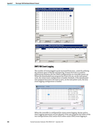 250 Rockwell Automation Publication 1766-UM001O-EN-P - September 2021
Appendix F MicroLogix 1400 Distributed Network Protocol
DNP3 10K Event Logging
The number of events logged can be increased from 6013…10000 by utilizing
the memory space of Recipe and Data log. A status bit S:36/11 is used to
differentiate between the two DNP3 configurations on controller power up.
When the downloaded user program has S:36/11 bit set, on the next power
cycle, the 10000 event configuration is loaded. Similarly, if the downloaded
user program has S:36/11 bit reset to zero, on the next power cycle, the 6013
event logging configuration is loaded.
When the controller is configured for 10000 events logging, Recipe and/or
Data Logging operations are not allowed. If the user program has either of the
two configurations (DLG and/or RCP) when 10000 DNP3 event logging is
 