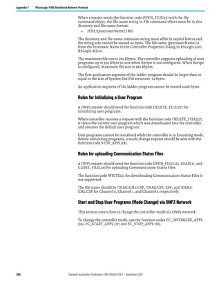 260 Rockwell Automation Publication 1766-UM001O-EN-P - September 2021
Appendix F MicroLogix 1400 Distributed Network Protocol
When a master sends the function code OPEN_FILE(25) with the file
command object, the file name string in File command object must be in this
directory and file name format:
• /EXE/[processorName].IMG
The directory and file name extension string must all be in capital letters and
the string size cannot be exceed 64 bytes. The file name [processorName] is
from the Processor Name in the Controller Properties dialog in RSLogix 500/
RSLogix Micro.
The maximum file size is 384 Kbytes. The controller supports uploading of user
programs up to 256 Kbyte in size when Recipe is not configured. When Recipe
is configured, Maximum file size is 384 Kbytes.
The first application segment of the ladder program should be larger than or
equal to the size of System Exe File structure, 64 bytes.
An application segment of the ladder program cannot be exceed 2048 bytes.
Rules for Initializing a User Program
A DNP3 master should send the function code DELETE_FILE(27) for
initializing user programs.
When controller receives a request with the function code DELETE_FILE(27),
it clears the current user program which was downloaded into the controller,
and restores the default user program.
User programs cannot be initialized while the controller is in Executing mode.
Before initializing programs, a mode change request should be sent with the
function code STOP_APPL(18).
Rules for uploading Communication Status Files
A DNP3 master should send the function code OPEN_FILE(25), READ(1), and
CLOSE_FILE(26) for uploading Communication Status Files.
The function code WRITE(2) for downloading Communication Status Files is
not supported.
The file name should be /DIAG/CH0.CSF, /DIAG/CH1.ESF, and /DIAG/
CH2.CSF for Channel 0, Channel 1, and Channel 2 respectively.
Start and Stop User Programs (Mode Change) via DNP3 Network
This section covers how to change the controller mode via DNP3 network.
To change the controller mode, use the function codes FC_INITIALIZE_APPL
(16), FC_START_APPL (17) and FC_STOP_APPL (18).
 