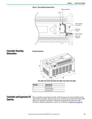 Rockwell Automation Publication 1766-UM001O-EN-P - September 2021 27
Chapter 2 Install Your Controller
Figure 5 - Secure Battery Connector Wires
Controller Mounting
Dimensions
Mounting Dimensions
Controller and Expansion I/O
Spacing
The controller mounts horizontally, with the expansion I/O extending to the
right of the controller. Allow 50 mm (2 in.) of space on all sides of the controller
system for adequate ventilation. Maintain spacing from enclosure walls,
wireways, adjacent equipment, and so on, as shown in Figure 6 on page 28.
1762 I/O expansion
bus connector
Battery wires
twisted pair
Battery
Battery wire
connector
Battery connector
Battery compartment
Dimension Measurement
A 90 mm (3.5 in.)
B 180 mm (7.087 in.)
C 87 mm (3.43 in.)
C
B
A
1766-L32BWA, 1766-L32AWA, 1766-L32BXB, 1766-L32BWAA, 1766-L32AWAA, 1766-L32BXBA
 