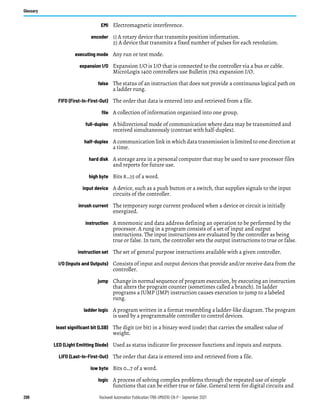 298 Rockwell Automation Publication 1766-UM001O-EN-P - September 2021
Glossary
EMI Electromagnetic interference.
encoder 1) A rotary device that transmits position information.
2) A device that transmits a fixed number of pulses for each revolution.
executing mode Any run or test mode.
expansion I/O Expansion I/O is I/O that is connected to the controller via a bus or cable.
MicroLogix 1400 controllers use Bulletin 1762 expansion I/O.
false The status of an instruction that does not provide a continuous logical path on
a ladder rung.
FIFO (First-In-First-Out) The order that data is entered into and retrieved from a file.
file A collection of information organized into one group.
full-duplex A bidirectional mode of communication where data may be transmitted and
received simultaneously (contrast with half-duplex).
half-duplex A communication link in which data transmission is limited to one direction at
a time.
hard disk A storage area in a personal computer that may be used to save processor files
and reports for future use.
high byte Bits 8…15 of a word.
input device A device, such as a push button or a switch, that supplies signals to the input
circuits of the controller.
inrush current The temporary surge current produced when a device or circuit is initially
energized.
instruction A mnemonic and data address defining an operation to be performed by the
processor. A rung in a program consists of a set of input and output
instructions. The input instructions are evaluated by the controller as being
true or false. In turn, the controller sets the output instructions to true or false.
instruction set The set of general purpose instructions available with a given controller.
I/O (Inputs and Outputs) Consists of input and output devices that provide and/or receive data from the
controller.
jump Change in normal sequence of program execution, by executing an instruction
that alters the program counter (sometimes called a branch). In ladder
programs a JUMP (JMP) instruction causes execution to jump to a labeled
rung.
ladder logic A program written in a format resembling a ladder-like diagram. The program
is used by a programmable controller to control devices.
least significant bit (LSB) The digit (or bit) in a binary word (code) that carries the smallest value of
weight.
LED (Light Emitting Diode) Used as status indicator for processor functions and inputs and outputs.
LIFO (Last-In-First-Out) The order that data is entered into and retrieved from a file.
low byte Bits 0…7 of a word.
logic A process of solving complex problems through the repeated use of simple
functions that can be either true or false. General term for digital circuits and
 