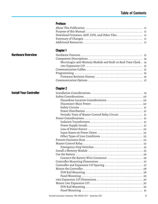 Rockwell Automation Publication 1766-UM001O-EN-P - September 2021 3
Table of Contents
Preface
About This Publication . . . . . . . . . . . . . . . . . . . . . . . . . . . . . . . . . . . . . . . . . . 11
Purpose of this Manual . . . . . . . . . . . . . . . . . . . . . . . . . . . . . . . . . . . . . . . . . . 11
Download Firmware, AOP, EDS, and Other Files . . . . . . . . . . . . . . . . . . . 11
Summary of Changes. . . . . . . . . . . . . . . . . . . . . . . . . . . . . . . . . . . . . . . . . . . . 11
Additional Resources . . . . . . . . . . . . . . . . . . . . . . . . . . . . . . . . . . . . . . . . . . . . 11
Chapter 1
Hardware Overview Hardware Features. . . . . . . . . . . . . . . . . . . . . . . . . . . . . . . . . . . . . . . . . . . . . . 13
Component Descriptions . . . . . . . . . . . . . . . . . . . . . . . . . . . . . . . . . . . . . . . . 14
MicroLogix 1400 Memory Module and Built-in Real-Time Clock. . 14
1762 Expansion I/O . . . . . . . . . . . . . . . . . . . . . . . . . . . . . . . . . . . . . . . . . . 15
Communication Cables. . . . . . . . . . . . . . . . . . . . . . . . . . . . . . . . . . . . . . . . . . 15
Programming . . . . . . . . . . . . . . . . . . . . . . . . . . . . . . . . . . . . . . . . . . . . . . . . . . 16
Firmware Revision History . . . . . . . . . . . . . . . . . . . . . . . . . . . . . . . . . . . 16
Communication Options . . . . . . . . . . . . . . . . . . . . . . . . . . . . . . . . . . . . . . . . 17
Chapter 2
Install Your Controller Installation Considerations . . . . . . . . . . . . . . . . . . . . . . . . . . . . . . . . . . . . . . 19
Safety Considerations . . . . . . . . . . . . . . . . . . . . . . . . . . . . . . . . . . . . . . . . . . . 20
Hazardous Location Considerations. . . . . . . . . . . . . . . . . . . . . . . . . . . 20
Disconnect Main Power . . . . . . . . . . . . . . . . . . . . . . . . . . . . . . . . . . . . . . 20
Safety Circuits . . . . . . . . . . . . . . . . . . . . . . . . . . . . . . . . . . . . . . . . . . . . . . 21
Power Distribution . . . . . . . . . . . . . . . . . . . . . . . . . . . . . . . . . . . . . . . . . . 21
Periodic Tests of Master Control Relay Circuit. . . . . . . . . . . . . . . . . . 21
Power Considerations . . . . . . . . . . . . . . . . . . . . . . . . . . . . . . . . . . . . . . . . . . . 21
Isolation Transformers. . . . . . . . . . . . . . . . . . . . . . . . . . . . . . . . . . . . . . . 21
Power Supply Inrush. . . . . . . . . . . . . . . . . . . . . . . . . . . . . . . . . . . . . . . . . 21
Loss of Power Source . . . . . . . . . . . . . . . . . . . . . . . . . . . . . . . . . . . . . . . . 22
Input States on Power Down . . . . . . . . . . . . . . . . . . . . . . . . . . . . . . . . . 22
Other Types of Line Conditions . . . . . . . . . . . . . . . . . . . . . . . . . . . . . . . 22
Prevent Excessive Heat . . . . . . . . . . . . . . . . . . . . . . . . . . . . . . . . . . . . . . . . . . 22
Master Control Relay . . . . . . . . . . . . . . . . . . . . . . . . . . . . . . . . . . . . . . . . . . . . 23
Emergency-Stop Switches. . . . . . . . . . . . . . . . . . . . . . . . . . . . . . . . . . . . 23
Install a Memory Module . . . . . . . . . . . . . . . . . . . . . . . . . . . . . . . . . . . . . . . . 25
Use the Battery . . . . . . . . . . . . . . . . . . . . . . . . . . . . . . . . . . . . . . . . . . . . . . . . . 26
Connect the Battery Wire Connector . . . . . . . . . . . . . . . . . . . . . . . . . . 26
Controller Mounting Dimensions . . . . . . . . . . . . . . . . . . . . . . . . . . . . . . . . 27
Controller and Expansion I/O Spacing . . . . . . . . . . . . . . . . . . . . . . . . . . . . 27
Mount the Controller. . . . . . . . . . . . . . . . . . . . . . . . . . . . . . . . . . . . . . . . . . . . 28
DIN Rail Mounting . . . . . . . . . . . . . . . . . . . . . . . . . . . . . . . . . . . . . . . . . . 28
Panel Mounting . . . . . . . . . . . . . . . . . . . . . . . . . . . . . . . . . . . . . . . . . . . . . 29
1762 Expansion I/O Dimensions . . . . . . . . . . . . . . . . . . . . . . . . . . . . . . . . . . 30
Mount 1762 Expansion I/O . . . . . . . . . . . . . . . . . . . . . . . . . . . . . . . . . . . . . . . 30
DIN Rail Mounting . . . . . . . . . . . . . . . . . . . . . . . . . . . . . . . . . . . . . . . . . . 30
Panel Mounting . . . . . . . . . . . . . . . . . . . . . . . . . . . . . . . . . . . . . . . . . . . . . 31
 