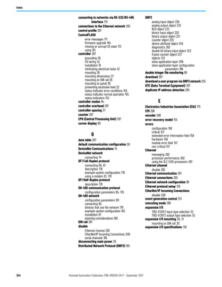 304 Rockwell Automation Publication 1766-UM001O-EN-P - September 2021
Index
connecting to networks via RS-232/RS-485
interface 175
connections to the Ethernet network 282
control profile 297
ControlFLASH
error messages 171
firmware upgrade 164
missing or corrupt OS state 172
using 161
controller 297
grounding 36
I/O wiring 42
installation 19
minimizing electrical noise 42
mounting 28
mounting dimensions 27
mounting on DIN rail 28
mounting on panel 29
preventing excessive heat 22
status indicator error conditions 155
status indicator normal operation 155
status indicators 153
controller modes 94
controller overhead 297
controller spacing 27
counter 297
CPU (Central Processing Unit) 297
cursor display 80
D
data table 297
default communication configuration 58
DeviceNet Communications 74
DeviceNet network
connecting 74
DF1 Full-Duplex protocol
connecting 60, 61
description 176
example system configuration 176
using a modem 61, 178
DF1 Half-Duplex protocol
description 176
DH-485 communication protocol
configuration parameters 65, 179
DH-485 network
configuration parameters 181
connecting 65
devices that use the network 179
example system configuration 183
installation 67
planning considerations 180
DIN rail 297
disable
Ethernet channel 292
EtherNet/IP Incoming Connections 208
serial channels 185
disconnecting main power 20
Distributed Network Protocol (DNP3) 185
DNP3
analog input object 229
analog output object 232
BCD object 233
binary input object 220
binary output object 221
counter object 225
device attribute object 245
diagnostics 262
double bit binary input object 223
frozen counter object 227
objects 213
slave application layer 209
slave application layer configuration
parameters 198
double integer file monitoring 89
download 297
download a user program via DNP3 network 255
DTE (Data Terminal Equipment) 297
duplicate IP address detection 285
E
Electronics Industries Association (EIA) 175
EMI 298
encoder 298
error recovery model 155
errors
configuration 158
critical 157
extended error information field 158
hardware 158
module error field 157
non-critical 157
Ethernet
messaging 282
processor performance 282
using the SLC 5/05 processors 281
Ethernet channel
disable 292
Ethernet communication 281
Ethernet connections 285
Ethernet network configuration 99
Ethernet protocol setup 105
EtherNet/IP Incoming Connections
disable 208
event generation control 251
executing mode 298
expansion I/O
1762-IF2OF2 input type selection 52
1762-IF2OF2 output type selection 52
expansion I/O mounting 30, 31
mounting on DIN rail 30
expansion I/O specifications 138
 