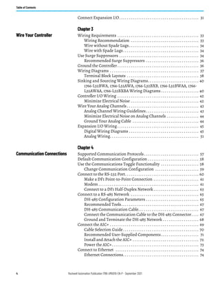 4 Rockwell Automation Publication 1766-UM001O-EN-P - September 2021
Table of Contents
Connect Expansion I/O. . . . . . . . . . . . . . . . . . . . . . . . . . . . . . . . . . . . . . . . . . 31
Chapter 3
Wire Your Controller Wiring Requirements . . . . . . . . . . . . . . . . . . . . . . . . . . . . . . . . . . . . . . . . . . . 33
Wiring Recommendation . . . . . . . . . . . . . . . . . . . . . . . . . . . . . . . . . . . . 33
Wire without Spade Lugs. . . . . . . . . . . . . . . . . . . . . . . . . . . . . . . . . . . . . 34
Wire with Spade Lugs. . . . . . . . . . . . . . . . . . . . . . . . . . . . . . . . . . . . . . . . 34
Use Surge Suppressors . . . . . . . . . . . . . . . . . . . . . . . . . . . . . . . . . . . . . . . . . . 34
Recommended Surge Suppressors . . . . . . . . . . . . . . . . . . . . . . . . . . . . 36
Ground the Controller. . . . . . . . . . . . . . . . . . . . . . . . . . . . . . . . . . . . . . . . . . . 36
Wiring Diagrams . . . . . . . . . . . . . . . . . . . . . . . . . . . . . . . . . . . . . . . . . . . . . . . 37
Terminal Block Layouts . . . . . . . . . . . . . . . . . . . . . . . . . . . . . . . . . . . . . . 38
Sinking and Sourcing Wiring Diagrams. . . . . . . . . . . . . . . . . . . . . . . . . . . 40
1766-L32BWA, 1766-L32AWA, 1766-L32BXB, 1766-L32BWAA, 1766-
L32AWAA, 1766-L32BXBA Wiring Diagrams . . . . . . . . . . . . . . . . . . . . 40
Controller I/O Wiring . . . . . . . . . . . . . . . . . . . . . . . . . . . . . . . . . . . . . . . . . . . 42
Minimize Electrical Noise . . . . . . . . . . . . . . . . . . . . . . . . . . . . . . . . . . . . 42
Wire Your Analog Channels . . . . . . . . . . . . . . . . . . . . . . . . . . . . . . . . . . . . . . 43
Analog Channel Wiring Guidelines. . . . . . . . . . . . . . . . . . . . . . . . . . . . 43
Minimize Electrical Noise on Analog Channels . . . . . . . . . . . . . . . . . 44
Ground Your Analog Cable . . . . . . . . . . . . . . . . . . . . . . . . . . . . . . . . . . . 44
Expansion I/O Wiring . . . . . . . . . . . . . . . . . . . . . . . . . . . . . . . . . . . . . . . . . . . 45
Digital Wiring Diagrams . . . . . . . . . . . . . . . . . . . . . . . . . . . . . . . . . . . . . 45
Analog Wiring. . . . . . . . . . . . . . . . . . . . . . . . . . . . . . . . . . . . . . . . . . . . . . . 51
Chapter 4
Communication Connections Supported Communication Protocols. . . . . . . . . . . . . . . . . . . . . . . . . . . . . 57
Default Communication Configuration . . . . . . . . . . . . . . . . . . . . . . . . . . . 58
Use the Communications Toggle Functionality . . . . . . . . . . . . . . . . . . . . 58
Change Communication Configuration . . . . . . . . . . . . . . . . . . . . . . . 59
Connect to the RS-232 Port. . . . . . . . . . . . . . . . . . . . . . . . . . . . . . . . . . . . . . . 60
Make a DF1 Point-to-Point Connection . . . . . . . . . . . . . . . . . . . . . . . . 61
Modem . . . . . . . . . . . . . . . . . . . . . . . . . . . . . . . . . . . . . . . . . . . . . . . . . . . . . 61
Connect to a DF1 Half-Duplex Network . . . . . . . . . . . . . . . . . . . . . . . . 63
Connect to a RS-485 Network . . . . . . . . . . . . . . . . . . . . . . . . . . . . . . . . . . . . 65
DH-485 Configuration Parameters . . . . . . . . . . . . . . . . . . . . . . . . . . . . 65
Recommended Tools. . . . . . . . . . . . . . . . . . . . . . . . . . . . . . . . . . . . . . . . . 67
DH-485 Communication Cable. . . . . . . . . . . . . . . . . . . . . . . . . . . . . . . . 67
Connect the Communication Cable to the DH-485 Connector. . . . 67
Ground and Terminate the DH-485 Network . . . . . . . . . . . . . . . . . . . 68
Connect the AIC+ . . . . . . . . . . . . . . . . . . . . . . . . . . . . . . . . . . . . . . . . . . . . . . . 69
Cable Selection Guide . . . . . . . . . . . . . . . . . . . . . . . . . . . . . . . . . . . . . . . . 70
Recommended User-Supplied Components. . . . . . . . . . . . . . . . . . . . 71
Install and Attach the AIC+ . . . . . . . . . . . . . . . . . . . . . . . . . . . . . . . . . . . 72
Power the AIC+. . . . . . . . . . . . . . . . . . . . . . . . . . . . . . . . . . . . . . . . . . . . . . 73
Connect to Ethernet . . . . . . . . . . . . . . . . . . . . . . . . . . . . . . . . . . . . . . . . . . . . 74
Ethernet Connections. . . . . . . . . . . . . . . . . . . . . . . . . . . . . . . . . . . . . . . . 74
 