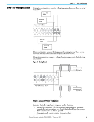 Rockwell Automation Publication 1766-UM001O-EN-P - September 2021 43
Chapter 3 Wire Your Controller
Wire Your Analog Channels Analog input circuits can monitor voltage signals and convert them to serial
digital data.
The controller does not provide loop power for analog inputs. Use a power
supply that matches the transmitter specifications as shown.
The analog output can support a voltage function as shown in the following
illustration.
Figure 20 - Analog Output
Analog Channel Wiring Guidelines
Consider the following when wiring your analog channels:
• The analog common (COM) is connected to earth ground inside the
module. These terminals are not electrically isolated from the system.
They are connected to chassis ground.
• Analog channels are not isolated from each other.
IV0(+) IV2(+)
IV1(+) IV3(+)
/7
COM 2
I/8 I/10
I/9 I/11
COM 3 I/13 I/15 I/17 I/19
I/12 I/14 I/16 I/18 COM
ANA
Input Terminal Block
Sensor 2 (V)
voltage
Sensor 3 (V)
voltage
Sensor 0 (V)
voltage
Sensor 1 (V)
voltage
OV1
O/3 O/4
O/5
O/7 O/8 O/10
O/6 O/9 O/11 OV0
3
C
DC4
VAC
DC6
VAC
COM
ANA
DC5
VAC
Output Terminal Block
Voltage load
Voltage load
 