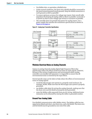 44 Rockwell Automation Publication 1766-UM001O-EN-P - September 2021
Chapter 3 Wire Your Controller
• Use Belden 8761, or equivalent, shielded wire.
• Under normal conditions, the drain wire (shield) should be connected to
the metal mounting panel (earth ground). Keep the shield connection to
earth ground as short as possible.
• To ensure optimum accuracy for voltage type inputs, limit overall cable
impedance by keeping all analog cables as short as possible. Locate the I/
O system as close to your voltage type sensors or actuators as possible.
• The controller does not provide loop power for analog inputs. Use a
power supply that matches the transmitter specifications as shown in
Figure 21 on page 44.
Figure 21 - Analog Input Transmitter Specifications
Minimize Electrical Noise on Analog Channels
Inputs on analog channels employ digital high-frequency filters that
significantly reduce the effects of electrical noise on input signals. However,
because of the variety of applications and environments where analog
controllers are installed and operated, it is impossible to ensure that all
environmental noise is removed by the input filters.
Several specific steps can be taken to help reduce the effects of environmental
noise on analog signals:
• install the MicroLogix 1400 system in a properly rated enclosure, for
example, NEMA. Make sure that the MicroLogix 1400 system is properly
grounded.
• use Belden cable #8761 for wiring the analog channels, making sure that
the drain wire and foil shield are properly earth grounded.
• route the Belden cable separately from any AC wiring. Additional noise
immunity can be obtained by routing the cables in grounded conduit.
Ground Your Analog Cable
Use shielded communication cable (Belden #8761). The Belden cable has two
signal wires (black and clear), one drain wire, and a foil shield. The drain wire
and foil shield must be grounded at one end of the cable.
IV0(+), IV1(+), IV2(+) or IV3(+)
Controller
IV0(+), IV1(+), IV2(+) or IV3(+)
Controller
+ -
+
-
+
-
IV0(+), IV1(+), IV2(+) or IV3(+)
COM ANA
Controller
+
-
+
-
GND
+
- COM ANA
COM ANA
2-Wire Transmitter
3-Wire Transmitter
4-Wire Transmitter
Transmitter
Transmitter
Transmitter
Supply Signal
Supply Signal
Power
Supply
Power
Supply
 