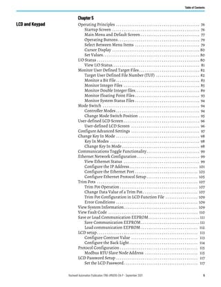 Rockwell Automation Publication 1766-UM001O-EN-P - September 2021 5
Table of Contents
Chapter 5
LCD and Keypad Operating Principles . . . . . . . . . . . . . . . . . . . . . . . . . . . . . . . . . . . . . . . . . . . . 76
Startup Screen . . . . . . . . . . . . . . . . . . . . . . . . . . . . . . . . . . . . . . . . . . . . . . 76
Main Menu and Default Screen . . . . . . . . . . . . . . . . . . . . . . . . . . . . . . . 77
Operating Buttons. . . . . . . . . . . . . . . . . . . . . . . . . . . . . . . . . . . . . . . . . . . 79
Select Between Menu Items . . . . . . . . . . . . . . . . . . . . . . . . . . . . . . . . . . 79
Cursor Display . . . . . . . . . . . . . . . . . . . . . . . . . . . . . . . . . . . . . . . . . . . . . . 80
Set Values. . . . . . . . . . . . . . . . . . . . . . . . . . . . . . . . . . . . . . . . . . . . . . . . . . . 80
I/O Status . . . . . . . . . . . . . . . . . . . . . . . . . . . . . . . . . . . . . . . . . . . . . . . . . . . . . . 80
View I/O Status. . . . . . . . . . . . . . . . . . . . . . . . . . . . . . . . . . . . . . . . . . . . . . 81
Monitor User Defined Target Files. . . . . . . . . . . . . . . . . . . . . . . . . . . . . . . . 82
Target User Defined File Number (TUF) . . . . . . . . . . . . . . . . . . . . . . . 82
Monitor a Bit File . . . . . . . . . . . . . . . . . . . . . . . . . . . . . . . . . . . . . . . . . . . . 83
Monitor Integer Files . . . . . . . . . . . . . . . . . . . . . . . . . . . . . . . . . . . . . . . . 85
Monitor Double Integer files. . . . . . . . . . . . . . . . . . . . . . . . . . . . . . . . . . 89
Monitor Floating Point Files . . . . . . . . . . . . . . . . . . . . . . . . . . . . . . . . . . 93
Monitor System Status Files . . . . . . . . . . . . . . . . . . . . . . . . . . . . . . . . . . 94
Mode Switch . . . . . . . . . . . . . . . . . . . . . . . . . . . . . . . . . . . . . . . . . . . . . . . . . . . 94
Controller Modes . . . . . . . . . . . . . . . . . . . . . . . . . . . . . . . . . . . . . . . . . . . . 94
Change Mode Switch Position . . . . . . . . . . . . . . . . . . . . . . . . . . . . . . . . 95
User-defined LCD Screen . . . . . . . . . . . . . . . . . . . . . . . . . . . . . . . . . . . . . . . . 96
User-defined LCD Screen . . . . . . . . . . . . . . . . . . . . . . . . . . . . . . . . . . . . 96
Configure Advanced Settings . . . . . . . . . . . . . . . . . . . . . . . . . . . . . . . . . . . . 97
Change Key In Mode . . . . . . . . . . . . . . . . . . . . . . . . . . . . . . . . . . . . . . . . . . . . 98
Key In Modes . . . . . . . . . . . . . . . . . . . . . . . . . . . . . . . . . . . . . . . . . . . . . . . 98
Change Key In Mode. . . . . . . . . . . . . . . . . . . . . . . . . . . . . . . . . . . . . . . . . 98
Communications Toggle Functionality. . . . . . . . . . . . . . . . . . . . . . . . . . . . 99
Ethernet Network Configuration . . . . . . . . . . . . . . . . . . . . . . . . . . . . . . . . . 99
View Ethernet Status . . . . . . . . . . . . . . . . . . . . . . . . . . . . . . . . . . . . . . . . 99
Configure the IP Address. . . . . . . . . . . . . . . . . . . . . . . . . . . . . . . . . . . . 101
Configure the Ethernet Port . . . . . . . . . . . . . . . . . . . . . . . . . . . . . . . . . 103
Configure Ethernet Protocol Setup . . . . . . . . . . . . . . . . . . . . . . . . . . . 105
Trim Pots . . . . . . . . . . . . . . . . . . . . . . . . . . . . . . . . . . . . . . . . . . . . . . . . . . . . . 107
Trim Pot Operation . . . . . . . . . . . . . . . . . . . . . . . . . . . . . . . . . . . . . . . . . 107
Change Data Value of a Trim Pot. . . . . . . . . . . . . . . . . . . . . . . . . . . . . 107
Trim Pot Configuration in LCD Function File . . . . . . . . . . . . . . . . . 109
Error Conditions . . . . . . . . . . . . . . . . . . . . . . . . . . . . . . . . . . . . . . . . . . . 109
View System Information. . . . . . . . . . . . . . . . . . . . . . . . . . . . . . . . . . . . . . . 109
View Fault Code . . . . . . . . . . . . . . . . . . . . . . . . . . . . . . . . . . . . . . . . . . . . . . . 110
Save or Load Communication EEPROM. . . . . . . . . . . . . . . . . . . . . . . . . . . 111
Save Communication EEPROM. . . . . . . . . . . . . . . . . . . . . . . . . . . . . . . 111
Load communication EEPROM . . . . . . . . . . . . . . . . . . . . . . . . . . . . . . 112
LCD setup. . . . . . . . . . . . . . . . . . . . . . . . . . . . . . . . . . . . . . . . . . . . . . . . . . . . . 113
Configure Contrast Value . . . . . . . . . . . . . . . . . . . . . . . . . . . . . . . . . . . 113
Configure the Back Light . . . . . . . . . . . . . . . . . . . . . . . . . . . . . . . . . . . . 114
Protocol Configuration . . . . . . . . . . . . . . . . . . . . . . . . . . . . . . . . . . . . . . . . . 115
Modbus RTU Slave Node Address . . . . . . . . . . . . . . . . . . . . . . . . . . . . 115
LCD Password Setup . . . . . . . . . . . . . . . . . . . . . . . . . . . . . . . . . . . . . . . . . . . 117
Set the LCD Password. . . . . . . . . . . . . . . . . . . . . . . . . . . . . . . . . . . . . . . 117
 