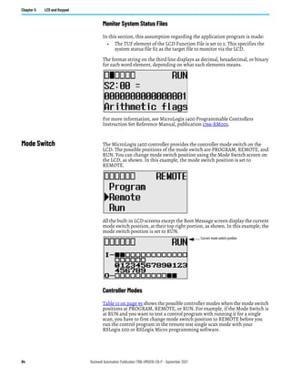 94 Rockwell Automation Publication 1766-UM001O-EN-P - September 2021
Chapter 5 LCD and Keypad
Monitor System Status Files
In this section, this assumption regarding the application program is made:
• The TUF element of the LCD Function File is set to 2. This specifies the
system status file S2 as the target file to monitor via the LCD.
The format string on the third line displays as decimal, hexadecimal, or binary
for each word element, depending on what each elements means.
For more information, see MicroLogix 1400 Programmable Controllers
Instruction Set Reference Manual, publication 1766-RM001.
Mode Switch The MicroLogix 1400 controller provides the controller mode switch on the
LCD. The possible positions of the mode switch are PROGRAM, REMOTE, and
RUN. You can change mode switch position using the Mode Switch screen on
the LCD, as shown. In this example, the mode switch position is set to
REMOTE.
All the built-in LCD screens except the Boot Message screen display the current
mode switch position, at their top right portion, as shown. In this example, the
mode switch position is set to RUN.
Controller Modes
Table 13 on page 95 shows the possible controller modes when the mode switch
positions at PROGRAM, REMOTE, or RUN. For example, if the Mode Switch is
at RUN and you want to test a control program with running it for a single
scan, you have to first change mode switch position to REMOTE before you
run the control program in the remote test single scan mode with your
RSLogix 500 or RSLogix Micro programming software.
Current mode switch position
 