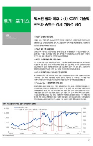 투자 포커스

박스권 돌파 이후 : (1) KOSPI 기술적
판단과 중형주 강세 가능성 점검

김영일

769-2176
ampm01@daishin.com

※ KOSPI 강세장이 시작되었다
10월에 나타난 변화에 대한 Chartist의 판단은 한마디로 ‘KOSPI BUY!’. KOSPI가 2년간 지속된 박스권
상단(2034p)을 넘어섰기 때문(주간 종가). 박스권 돌파 이후 안착 여부를 확인해야겠지만, KOSPI가 새
로운 상승 추세를 시작했을 가능성 높음.

※ 박스권 돌파 이후 KOSPI 경로
2002년 이후 1년 이상 지속된 박스권을 돌파한 경우는 총 네 번 있었는데 4주 평균 수익률은 1.3%,
26주 평균 수익률은 20.9%였음. 박스권 돌파 초기에는 가격 부담을 해소하는(안착) 과정이 뒤따랐지
만 가격 부담 해소 이후 KOSPI의 본격적인 상승이 진행되었음

※ KOSPI 12개월 기술적 목표 지수는 2400p
2011년 8월 이후 시작된 2년간 박스권 범위는 1700~2050p(350p)였는데 레벨업으로 박스권 상단
이 동일 폭 만큼 올라갈 것으로 기대되기 때문. 글로벌 증시 상승 여력을 보더라도 글로벌 주식 시장
상승 여력은 7% 정도로 예상되는데 여기에 신흥 시장 상대적 강세가 +9% 정도 플러스 요인으로 작
용할 것으로 예상되 17%상승 여력이 있는 것으로 판단되며 환산시 2400p로 계산됨.

※다만, 1~2개월은 1980~2120p에서 안착 과정 진행
KOSPI 레벨-업은 (1) 큰 그림으로는 추세적 상승이 시작되었다는 긍정적 신호를 발생시켰지만 (2) 단
기적으로는 가격 부담 노출이라는 부정적 신호에 직면하게 함. KOSPI는 1~2개월 가량
1980~2120p에서 가격 부담을 해소하는 안착 과정을 거친 이후 본격적인 상승을 진행할 것.

※ Technical Idea 1 : 중형주 매력 커지고 있어
중형주 상대적 성과에 영향을 미치는 변수는 밸류에이션보다 투자 심리와 수급이었음. 투자 심리는 주
가 레벨업 이후 급격히 개선. 중형주는 KOSPI 박스권 기간에 상대적 약세, 박스권 돌파 이후에 상대적
강세를 나타내는 패턴을 보임. 이번 박스권 돌파 역시 중형주 투자 심리에 긍정적 영향을 미칠 것으로
기대. 중형주 상대 지수가 작년 저점에 근접하고 있어 대형주 대비 상대적 매력이 커지고 있어 신뢰도
가 높음. 중형주를 눌러왔던 수급 악화는 10월말 이후 개선될 것. 연기금과 외국인은 이미 7월말, 9월
말 이후 연간 순매수로 전환했고 주식형 수익증권 환매 압력이 크게 완화되었기 때문. (1) 연기금과 외
국인이 동시에 순매수하거나(2) 투신권 순매도로 인해 과도하게 하락한 중형주에 대한 관심 필요
KOSPI 박스권 돌파 이후에는 중형주가 대형주보다 강했다
2,50 0

KOSPI(좌)

30 0

중형주 상대지수(중형주/대형주*10 0)
26 0

2,00 0

22 0
1,50 0
18 0
1,00 0
14 0
50 0

0
20 02

10 0
60
20 04

20 06

20 08

20 10

20 12

20 14

자료: 대신증권 리서치센터

2

 