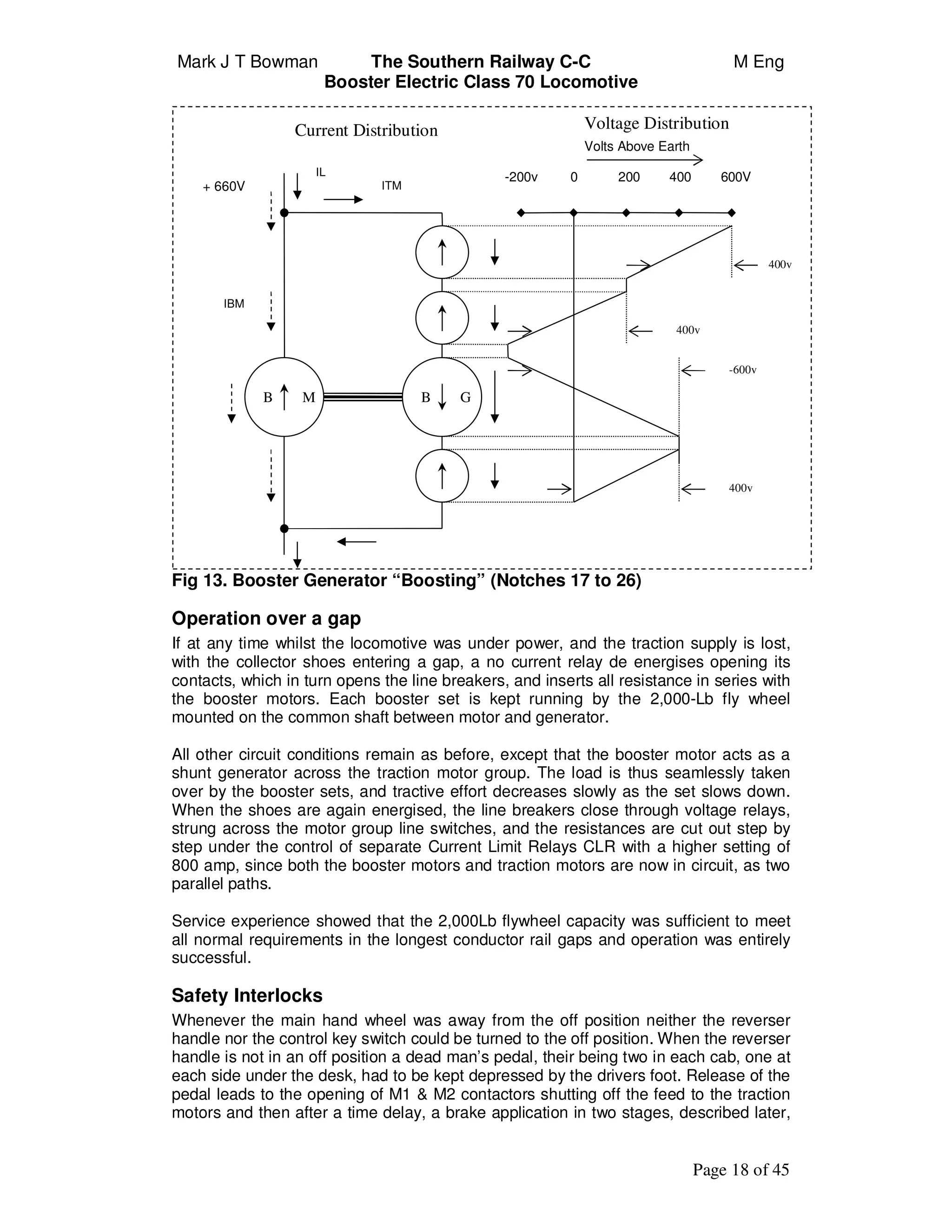 Mark J T Bowman The Southern Railway C-C M Eng
Booster Electric Class 70 Locomotive
Page 18 of 45
Fig 13. Booster Generator “Boosting” (Notches 17 to 26)
Operation over a gap
If at any time whilst the locomotive was under power, and the traction supply is lost,
with the collector shoes entering a gap, a no current relay de energises opening its
contacts, which in turn opens the line breakers, and inserts all resistance in series with
the booster motors. Each booster set is kept running by the 2,000-Lb fly wheel
mounted on the common shaft between motor and generator.
All other circuit conditions remain as before, except that the booster motor acts as a
shunt generator across the traction motor group. The load is thus seamlessly taken
over by the booster sets, and tractive effort decreases slowly as the set slows down.
When the shoes are again energised, the line breakers close through voltage relays,
strung across the motor group line switches, and the resistances are cut out step by
step under the control of separate Current Limit Relays CLR with a higher setting of
800 amp, since both the booster motors and traction motors are now in circuit, as two
parallel paths.
Service experience showed that the 2,000Lb flywheel capacity was sufficient to meet
all normal requirements in the longest conductor rail gaps and operation was entirely
successful.
Safety Interlocks
Whenever the main hand wheel was away from the off position neither the reverser
handle nor the control key switch could be turned to the off position. When the reverser
handle is not in an off position a dead man’s pedal, their being two in each cab, one at
each side under the desk, had to be kept depressed by the drivers foot. Release of the
pedal leads to the opening of M1 & M2 contactors shutting off the feed to the traction
motors and then after a time delay, a brake application in two stages, described later,
Current Distribution Voltage Distribution
IL
ITM+ 660V
IBM
Volts Above Earth
-200v 0 200 400 600V
400v
400v
400v
-600v
B M B G
 