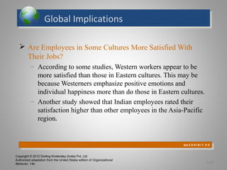 Copyright © 2012 Dorling Kindersley (India) Pvt. Ltd
Authorized adaptation from the United States edition of Organizational
Behavior, 14e
Global ImplicationsGlobal Implications
 Are Employees in Some Cultures More Satisfied With
Their Jobs?
– According to some studies, Western workers appear to be
more satisfied than those in Eastern cultures. This may be
because Westerners emphasize positive emotions and
individual happiness more than do those in Eastern cultures.
– Another study showed that Indian employees rated their
satisfaction higher than other employees in the Asia-Pacific
region.
See E X H I B I T 3–5
See E X H I B I T 3–5
3-16
 