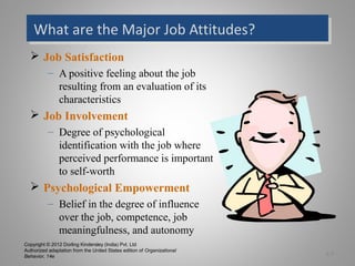 Copyright © 2012 Dorling Kindersley (India) Pvt. Ltd
Authorized adaptation from the United States edition of Organizational
Behavior, 14e
What are the Major Job Attitudes?What are the Major Job Attitudes?
 Job Satisfaction
– A positive feeling about the job
resulting from an evaluation of its
characteristics
 Job Involvement
– Degree of psychological
identification with the job where
perceived performance is important
to self-worth
 Psychological Empowerment
– Belief in the degree of influence
over the job, competence, job
meaningfulness, and autonomy
3-7
 