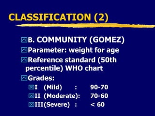 CLASSIFICATION (2)
B. COMMUNITY (GOMEZ)
Parameter: weight for age
Reference standard (50th
percentile) WHO chart
Grades:
I (Mild) : 90-70
II (Moderate): 70-60
III(Severe) : < 60
 
