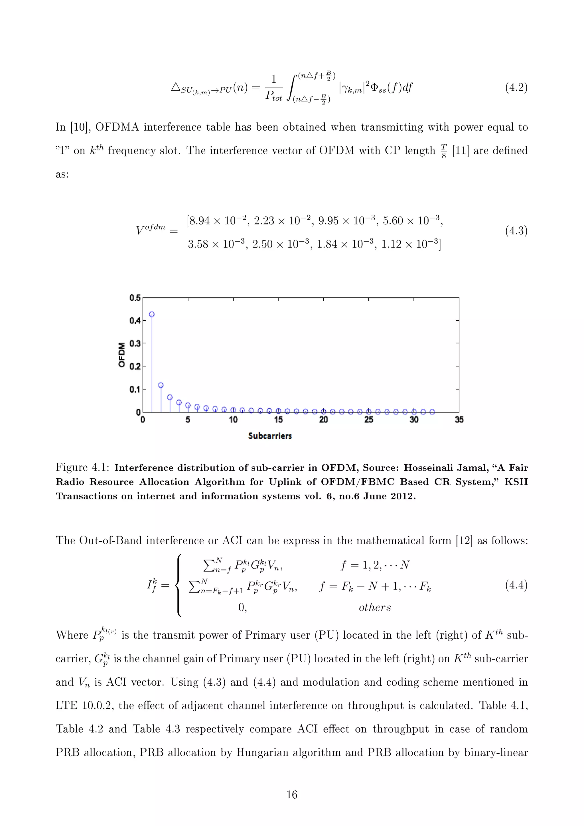 1
SU(k,m) →P U (n) =
Ptot

ˆ

(n f + B )
2

|γk,m |2 Φss (f )df

(4.2)

(n f − B )
2

In [10], OFDMA interference table has been obtained when transmitting with power equal to
1 on

k th

frequency slot. The interference vector of OFDM with CP length

T
[11] are dened
8

as:

V of dm =

[8.94 × 10−2 , 2.23 × 10−2 , 9.95 × 10−3 , 5.60 × 10−3 ,
(4.3)

−3

−3

−3

−3

3.58 × 10 , 2.50 × 10 , 1.84 × 10 , 1.12 × 10 ]

Figure 4.1: Interference distribution of sub-carrier in OFDM, Source: Hosseinali Jamal, A Fair

Radio Resource Allocation Algorithm for Uplink of OFDM/FBMC Based CR System, KSII
Transactions on internet and information systems vol. 6, no.6 June 2012.

The Out-of-Band interference or ACI can be express in the mathematical form [12] as follows:

k
If =











k

Where

Pp l(r)

carrier,

Gkl
p

and

Vn

N
n=f

k
Pp l Gkl Vn ,
p

N
n=Fk −f +1

f = 1, 2, · · · N

k
Pp r Gkr Vn ,
p

0,

f = Fk − N + 1, · · · Fk

(4.4)

others

is the transmit power of Primary user (PU) located in the left (right) of

is the channel gain of Primary user (PU) located in the left (right) on

K th

sub-

K th sub-carrier

is ACI vector. Using (4.3) and (4.4) and modulation and coding scheme mentioned in

LTE 10.0.2, the eect of adjacent channel interference on throughput is calculated. Table 4.1,
Table 4.2 and Table 4.3 respectively compare ACI eect on throughput in case of random
PRB allocation, PRB allocation by Hungarian algorithm and PRB allocation by binary-linear

16

 