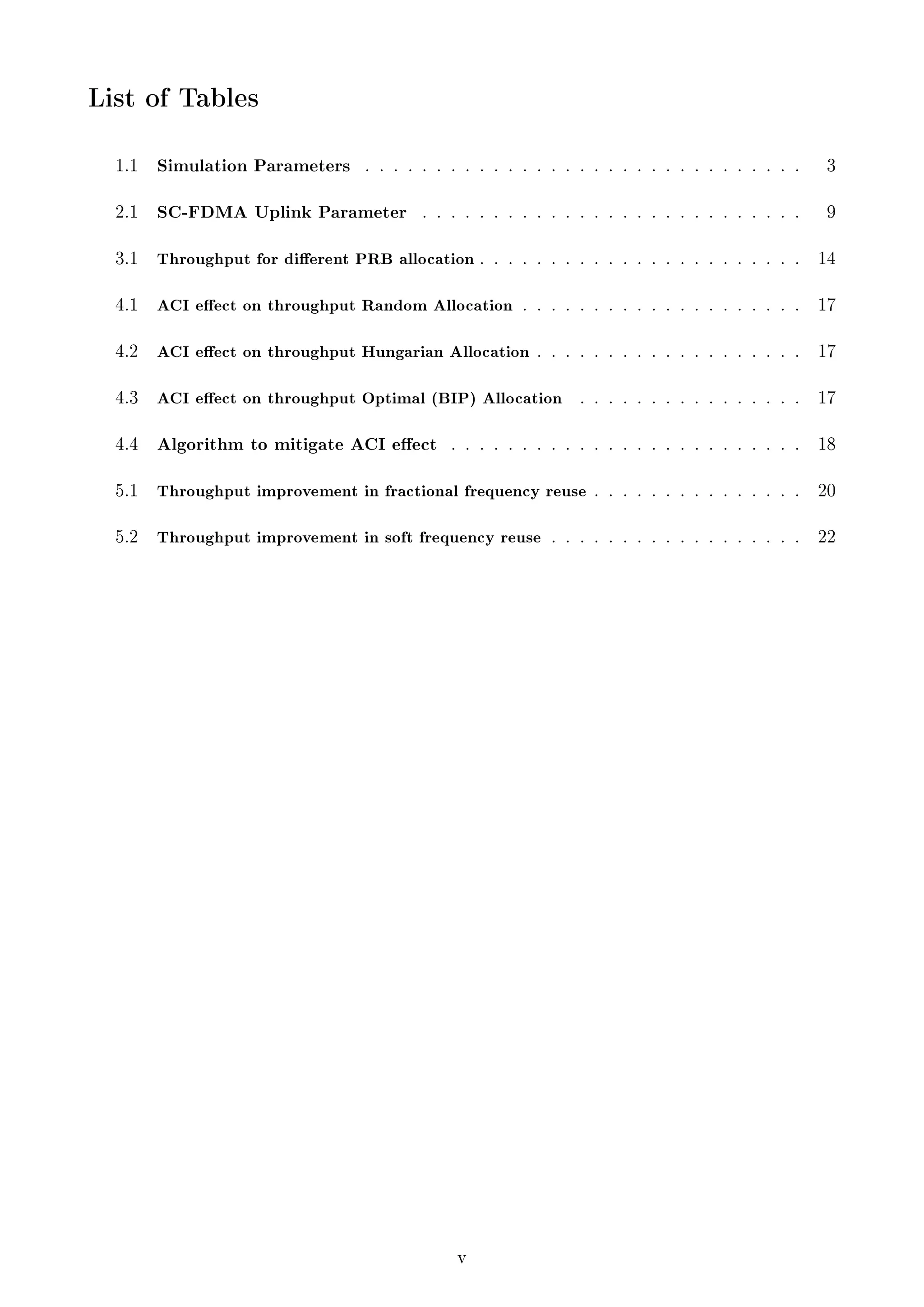 List of Tables
1.1

Simulation Parameters

2.1

SC-FDMA Uplink Parameter

. . . . . . . . . . . . . . . . . . . . . . . . . . .

9

3.1

Throughput for dierent PRB allocation . . . . . . . . . . . . . . . . . . . . . . .

14

4.1

ACI eect on throughput Random Allocation . . . . . . . . . . . . . . . . . . . .

17

4.2

ACI eect on throughput Hungarian Allocation . . . . . . . . . . . . . . . . . . .

17

4.3

ACI eect on throughput Optimal (BIP) Allocation

. . . . . . . . . . . . . . . .

17

4.4

Algorithm to mitigate ACI eect

. . . . . . . . . . . . . . . . . . . . . . . . .

18

5.1

Throughput improvement in fractional frequency reuse . . . . . . . . . . . . . . .

20

5.2

Throughput improvement in soft frequency reuse . . . . . . . . . . . . . . . . . .

22

. . . . . . . . . . . . . . . . . . . . . . . . . . . . . . .

v

3

 
