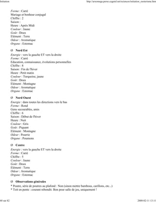 Initiation                                                                  http://arxomega.perso.cegetel.net/sciences/initiation_esoterisme.htm


             Forme : Carré
             Mariage et bonheur conjugal
             Chiffre : 2
             Saison :
             Heure : Après Midi
             Couleur : Jaune
             Goût : Doux
             Elément : Terre
             Odeur : Aromatique
             Organe : Estomac

             Ø Nord Est
             Energie : vers la gauche ET vers la droite
             Forme : Carré
             Education, connaissance, évolutions personnelles
             Chiffre : 8
             Saison : Fin de l'hiver
             Heure : Petit matin
             Couleur : Turquoise, jaune
             Goût : Doux
             Elément : Montagne
             Odeur : Aromatique
             Organe : Estomac

             Ø Nord Ouest
             Energie : dans toutes les directions vers le bas
             Forme : Rond
             Gens secourables, amis
             Chiffre : 6
             Saison : Début de l'hiver
             Heure : Nuit
             Couleur : Gris
             Goût : Piquant
             Elément : Montagne
             Odeur : Pourrie
             Organe : Poumons

             Ø Centre
             Energie : vers la gauche ET vers la droite
             Forme : Carré
             Chiffre : 5
             Couleur : Jaune
             Goût : Doux
             Elément : Terre
             Odeur : Aromatique
             Organe : Estomac

             Ø Observations générales
             * Poutre, série de poutres au plafond : Non (sinon mettre bambous, carillons, etc...)
             * Toit en pente : courant rebondit. Bon pour salle de jeu, uniquement !


68 sur 82                                                                                                                    2008-02-11 13:11
 