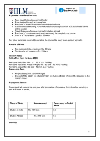 Expenses considered for loan

       Fees payable to college/school/hostel
       Examination/Library/Laboratory fees
       Purchase of Books/Equipment/Instruments/Uniforms
       Caution Deposit/Building Fund/Refundable Deposit (maximum 10% tution fees for the
       entire course)
       Travel Expenses/Passage money for studies abroad
       Purchase of computers considered necessary for completion of course
       Cost of a Two-wheeler upto Rs. 50,000/-

Any other expenses required to complete the course like study tours, project work etc.

Amount of Loan

       For studies in India, maximum Rs. 10 lacs
       Studies abroad, maximum Rs. 20 lacs

Interest Rates
(with effect from 1st June 2008)

For loans up to Rs.4 lacs - 11.75 % p.a. Floating
For loans above Rs. 4 lacs and upto Rs.7.50 lacs - 13.25 % Floating
For loans above Rs.7.50 lacs - 12.25% p.a. Floating
Processing Fees

       No processing fee/ upfront charges
       Deposit of Rs. 5000/- for education loan for studies abroad which will be adjusted in the
       margin money

Repayment Tenure

Repayment will commence one year after completion of course or 6 months after securing a
job, whichever is earlier.




 Place of Study              Loan Amount             Repayment in Period
                                                     Years

 Studies in India     Rs. 10.0 lacs                 5-7


 Studies Abroad              Rs. 20.0 lacs          5-7


Security



                                                                                             21
 
