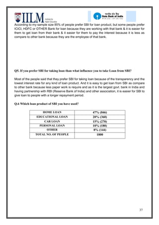 According to my sample size 85% of people prefer SBI for loan product, but some people prefer
ICICI, HDFC or OTHER Bank for loan because they are working with that bank & it is easier for
them to get loan from their bank & it easier for them to pay the interest because it is less as
compare to other bank because they are the employee of that bank.




Q5. If you prefer SBI for taking loan than what influence you to take Loan from SBI?

Most of the people said that they prefer SBI for taking loan because of the transparency and the
lowest interest rate for any kind of loan product. And it is easy to get loan from SBI as compare
to other bank because less paper work is require and as it is the largest govt. bank in India and
having partnership with RBI (Reserve Bank of India) and other association, it is easier for SBI to
give loan to people with a longer repayment period.

Q.6 Which loan product of SBI you have used?

                     HOME LOAN                            47% (846)
                EDUCATIONAL LOAN                          20% (360)
                    CAR LOAN                              15% (270)
                  PERSONAL LOAN                           10% (180)
                      OTHER                                8% (144)
               TOTAL NO. OF PEOPLE                          1800




                                                                                              37
 
