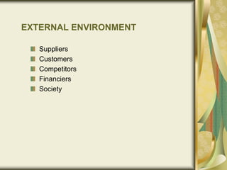 EXTERNAL ENVIRONMENT
Suppliers
Customers
Competitors
Financiers
Society
 