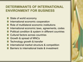 DETERMINANTS OF INTERNATIONAL
ENVIRONMENT FOR BUSINESS
State of world economy
International economic cooperation
Role of multilateral economic institutions
International economic laws, agreements, codes
Political condition & system in different countries
Cultural factors across countries
Growth & spread of MNCs
Technology growth & transfer
International market structure & competition
Barriers to international trade & investment
 