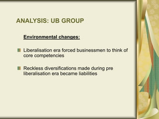 ANALYSIS: UB GROUP
Environmental changes:
Liberalisation era forced businessmen to think of
core competencies
Reckless diversifications made during pre
liberalisation era became liabilities
 
