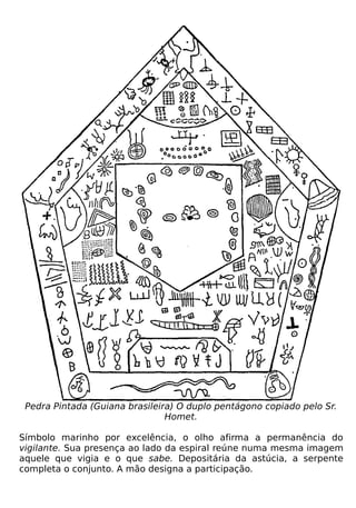 Pedra Pintada (Guiana brasileira) O duplo pentágono copiado pelo Sr.
                                Homet.

Símbolo marinho por excelência, o olho afirma a permanência do
vigilante. Sua presença ao lado da espiral reúne numa mesma imagem
aquele que vigia e o que sabe. Depositária da astúcia, a serpente
completa o conjunto. A mão designa a participação.
 