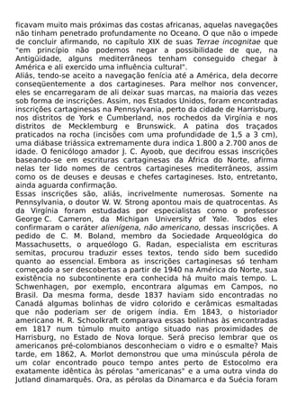 ficavam muito mais próximas das costas africanas, aquelas navegações
não tinham penetrado profundamente no Oceano. O que não o impede
de concluir afirmando, no capítulo XIX de suas Terrae incognitae que
"em princípio não podemos negar a possibilidade de que, na
Antigüidade, alguns mediterrâneos tenham conseguido chegar à
América e ali exercido uma influência cultural".
Aliás, tendo-se aceito a navegação fenícia até a América, dela decorre
conseqüentemente a dos cartagineses. Para melhor nos convencer,
eles se encarregaram de ali deixar suas marcas, na maioria das vezes
sob forma de inscrições. Assim, nos Estados Unidos, foram encontradas
inscrições cartaginesas na Pennsylvania, perto da cidade de Harrisburg,
nos distritos de York e Cumberland, nos rochedos da Virgínia e nos
distritos de Mecklemburg e Brunswick. A patina dos traçados
praticados na rocha (incisões com uma profundidade de 1,5 a 3 cm),
uma diábase triássica extremamente dura indica 1.800 a 2.700 anos de
idade. O fenicólogo amador J. C. Ayoob, que decifrou essas inscrições
baseando-se em escrituras cartaginesas da África do Norte, afirma
nelas ter lido nomes de centros cartagineses mediterrâneos, assim
como os de deuses e deusas e chefes cartagineses. Isto, entretanto,
ainda aguarda confirmação.
Essas inscrições são, aliás, incrivelmente numerosas. Somente na
Pennsylvania, o doutor W. W. Strong apontou mais de quatrocentas. As
da Virgínia foram estudadas por especialistas como o professor
George C. Cameron, da Michigan University of Yale. Todos eles
confirmaram o caráter alienígena, não americano, dessas inscrições. A
pedido de C. M. Boland, membro da Sociedade Arqueológica do
Massachusetts, o arqueólogo G. Radan, especialista em escrituras
semitas, procurou traduzir esses textos, tendo sido bem sucedido
quanto ao essencial. Embora as inscrições cartaginesas só tenham
começado a ser descobertas a partir de 1940 na América do Norte, sua
existência no subcontinente era conhecida há muito mais tempo. L.
Schwenhagen, por exemplo, encontrara algumas em Campos, no
Brasil. Da mesma forma, desde 1837 haviam sido encontradas no
Canadá algumas bolinhas de vidro colorido e cerâmicas esmaltadas
que não poderiam ser de origem índia. Em 1843, o historiador
americano H. R. Schoolkraft comparava essas bolinhas às encontradas
em 1817 num túmulo muito antigo situado nas proximidades de
Harrisburg, no Estado de Nova Iorque. Será preciso lembrar que os
americanos pré-colombianos desconheciam o vidro e o esmalte? Mais
tarde, em 1862, A. Morlot demonstrou que uma minúscula pérola de
um colar encontrado pouco tempo antes perto de Estocolmo era
exatamente idêntica às pérolas "americanas" e a uma outra vinda do
Jutland dinamarquês. Ora, as pérolas da Dinamarca e da Suécia foram
 