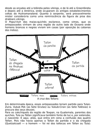 desde as orçadas até a Islândia pelos vikings, e de lá até a Groenlândia
e depois até a América, onde ocuparam os antigos estabelecimentos
celtas do Huitramanaland. Quanto à serpente, será provavelmente
mister considerá-la como uma reminiscência da figura de proa dos
drakkars vikings.
O Popul-Vuh dos maias-quichés esclarece, como vimos, que os
antepassados vinham de uma região do outro lado do Oceano onde
homens brancos e negros viviam em casas (por oposição às cabanas
dos índios).




                           A cruz dos Tollans

Em determinada época, esses antepassados teriam partido para Tulan-
Zuira, Vukub Pek (as Sete Grutas) ou Vukub-Ciran (as Sete Falésias) à
procura dos seus deuses.
Para os cakchiquels da região de Texpan, na Guatemala, parentes dos
quiches, Tula ou Tollan significava também fonte de luz e, por extensão,
o nascente. É aqui, aliás, que entra em cena a confusão das quatro
Tollan. Pois não havia apenas o Tollan da partida e o da chegada
(Quetzalcoatl — o homem — foi rei dos toltecas em Tollan ou Tula):
 