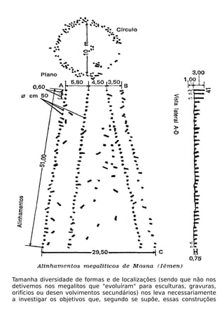 Tamanha diversidade de formas e de localizações (sendo que não nos
detivemos nos megalitos que "evoluíram" para esculturas, gravuras,
orifícios ou desen volvimentos secundários) nos leva necessariamente
a investigar os objetivos que, segundo se supõe, essas construções
 