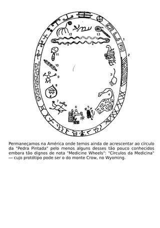 Permaneçamos na América onde temos ainda de acrescentar ao círculo
da "Pedra Pintada" pelo menos alguns desses tão pouco conhecidos
embora tão dignos de nota "Medicine Wheels": "Círculos da Medicina"
— cujo protótipo pode ser o do monte Crow, no Wyoming.
 