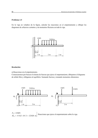 20 Resistencia de materiales. Problemas resueltos 
Problema 1.4 
Determinar los diagramas de esfuerzos en la viga de la figura. 
p = 600 
N 
ml 
4000 N 3000 N 
Resolución: 
Cálculo de las reacciones: 
M R R 
: 4000 2 600 6 3 6 3000 8 4467 N 
6133 N 
: 4000 600 6 3000 0 
˜  ˜ ˜  ˜  ˜ Ÿ   
  
   ˜    
¦ 
¦ 
B C C 
B 
V B C 
R 
F R R 
Diagrama de momentos flectores: 
Tramo AB: 
M x 
4000 
     
   ˜ 
M A MB 
0 8000 Nm 
Tramo BC: 
  