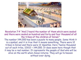 Revelation 7:4 “And I heard the number of them which were sealed: and there were sealed an hundred and forty and four thousand of all the tribes of the children of Israel.” 
The number 144,000 has been a puzzle to many people. Some think it is a symbol, and it is true that it means something. There were 12 tribes in Israel and there were 12 Apostles. Here Twelve thousand out of each tribe, 12X12 = 144,000. It does seem here though that it may be a real number. It represents the people of God who will be alive on the earth when Jesus returns. They will go to heaven without ever dying.  