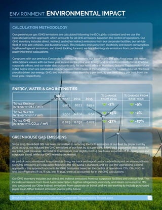 12Brookfield Global Integrated Solutions Corporate Responsibility Report 2015
ENVIRONMENTAL IMPACTENVIRONMENT
2013
(base year) 2014 2015
% change
from 2014
% change from
base year
Total Energy
Intensity (MJ / m²)
928.3 867.1 849.4 -2% -9%
Total Water
Intensity (m³ / m²)
0.553 0.632 0.54 -15% -2%
Total GHG
Intensity (t CO₂e / m²)
0.029 0.032 0.022 -31% -27%
ENERGY, WATER & GHG INTENSITIES
GREENHOUSE GAS EMISSIONS
Since 2013, Brookfield GIS has been committed to reducing the GHG emissions of our fleet by 50 per cent by
2020. In 2015, we reduced the GHG emissions of our fleet by 22.5 per cent, taking us a substantial step closer to
our 2020 goal. However, our total GHG emissions rose slightly in 2015 due to our expansion in company size and
corporate travel, while our GHG intensity decreased.
As part of our commitment to sustainable living, we track and report on our carbon footprint on an annual basis.
Our GHG emissions are calculated following the ISO 14064-1 standard, and we use the Operational Control
approach – this approach accounts for GHG Emissions based on the control of operations. CO₂, CH₄, N₂O, as
well as refrigerants R-22, R-122, and R-134a, were all accounted for in the GHG calculations.
Our GHG inventory includes our direct and indirect emissions from our corporate facilities and vehicle fleet. This
includes emissions from fossil fuel consumption, fugitive refrigerants, electricity and steam consumption. We
also calculated our Other Indirect emissions from corporate air travel, and we are working to include purchased
paper as an Other Indirect emission source in the future.
CALCULATION METHODOLOGY
Our greenhouse gas (GHG) emissions are calculated following the ISO 14064-1 standard and we use the
Operational Control approach, which accounts for all GHG emissions based on the control of operations. Our
GHG inventory includes direct, indirect, and other indirect emissions from our corporate facilities, our vehicle
fleet of over 400 vehicles, and business travel. This includes emissions from electricity and steam consumption,
fugitive refrigerant emissions, and travel; looking forward, we hope to integrate emissions from purchased
paper into these calculations.
Congruent with our previous Corporate Sustainability Reports, our base year is the 2013 fiscal year; this report
will compare values with our base year as well as the 2014 year. Energy and GHG data accounts for all 17 of our
corporate offices, and our water data accounts only for our head office in Markham, Ontario. The intensity values
in the below chart are calculated on a per square metre basis of the facilities specific to each data set. We have
proudly driven our energy, GHG, and water intensities down by 9 per cent, 27 per cent, and 2 per cent from the
base year, respectively.
 