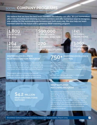 14Brookfield Global Integrated Solutions Corporate Responsibility Report 2015
COMPANY PROGRAMSSOCIAL
INSPIRING EXCELLENCE
PEER RECOGNITION PROGRAM
How we show our appreciation is important. To
recognize the strength of our team members, we
relaunched our awards program in 2015, which is
now known as the Inspiring Excellence Program.
The program places a strong emphasis on
building a culture of recognition where saying
thank you for a job well done is second nature.
We believe that we have the best team members the industry can offer. We put tremendous
effort into attracting and retaining our team members and offer numerous ways to recognize
one another for the outstanding performance put forth every day. We also help our team
members plan for the future with a generous RRSP matching program.
The new program recognizes impressive
achievements across all levels of the company
through a monetary reward that increases with
each tier and an announcement in the quarterly
newsletter.
In 2015, over 750 awards were issued to team
members across the country.
INSPIRING EXCELLENCE
AWARDS750+
RRSP EMPLOYER
MATCHING PROGRAM
We believe that fostering a sense of team and
belonging is the best way to build integrity in
business. We are relentlessly building our business
by supporting their goals both within and outside
of the company. Our team members are key to
the success of our business, and we are proud to
offer an RRSP Matching program, alongside tuition
reimbursements and the Inspiring Excellence
recognition program.
$4.2 MILLION
RRSP CONTRIBUTIONS
MATCHED
$90,000
TEAM MEMBER
REFERRAL BONUSES
1,809
NEW HIRES
IN 2015
264
RETURNING
TEAM MEMBERS
270
CELEBRATED
SERVICE MILESTONES
241
INTERNAL
PROMOTIONS
3,060
PERFORMANCE
REVIEWS
 